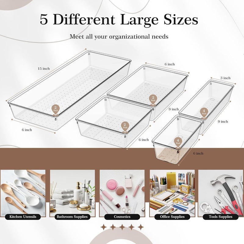 Criusia 14 PCS Clear Plastic Drawer Organizer Set - 5 Large Size Versatile Kitchen and Bathroom Organizer Trays, Non-Slip Storage Bins for Makeup, Utensils, Tool and Office Desk - Image 2